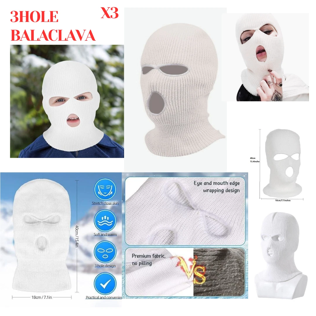 x3pcs Winter Knit Balaclava Three-Hole Full Face Cover Stylish Warmth White hat