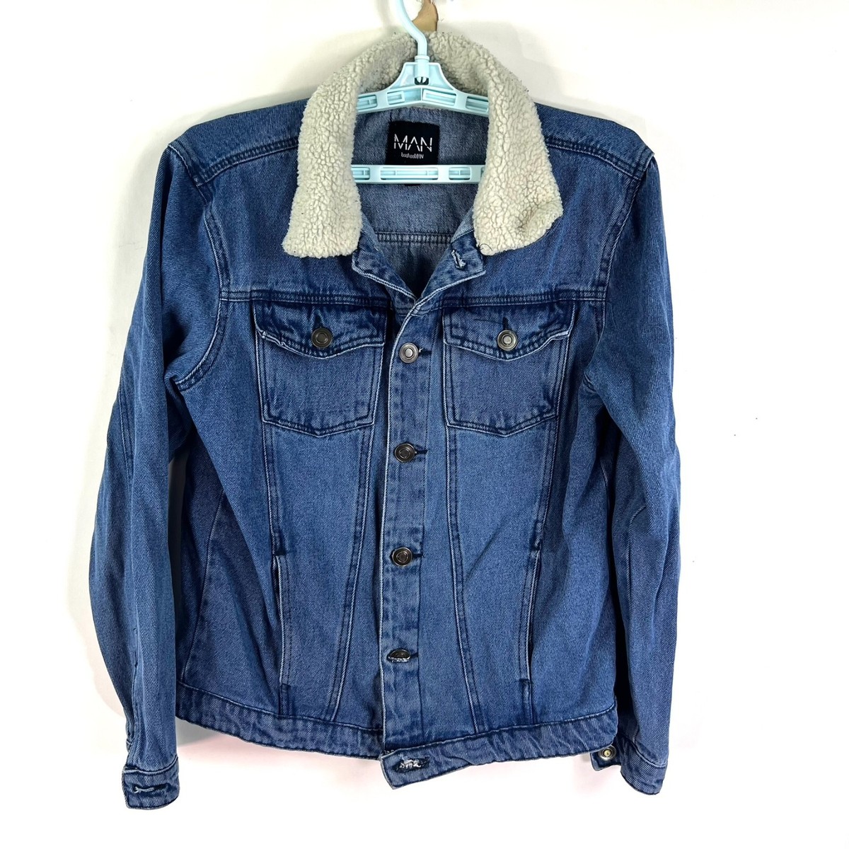 MAN BooHoo Denim Sherpa Collar Jacket Women's Size S Blue