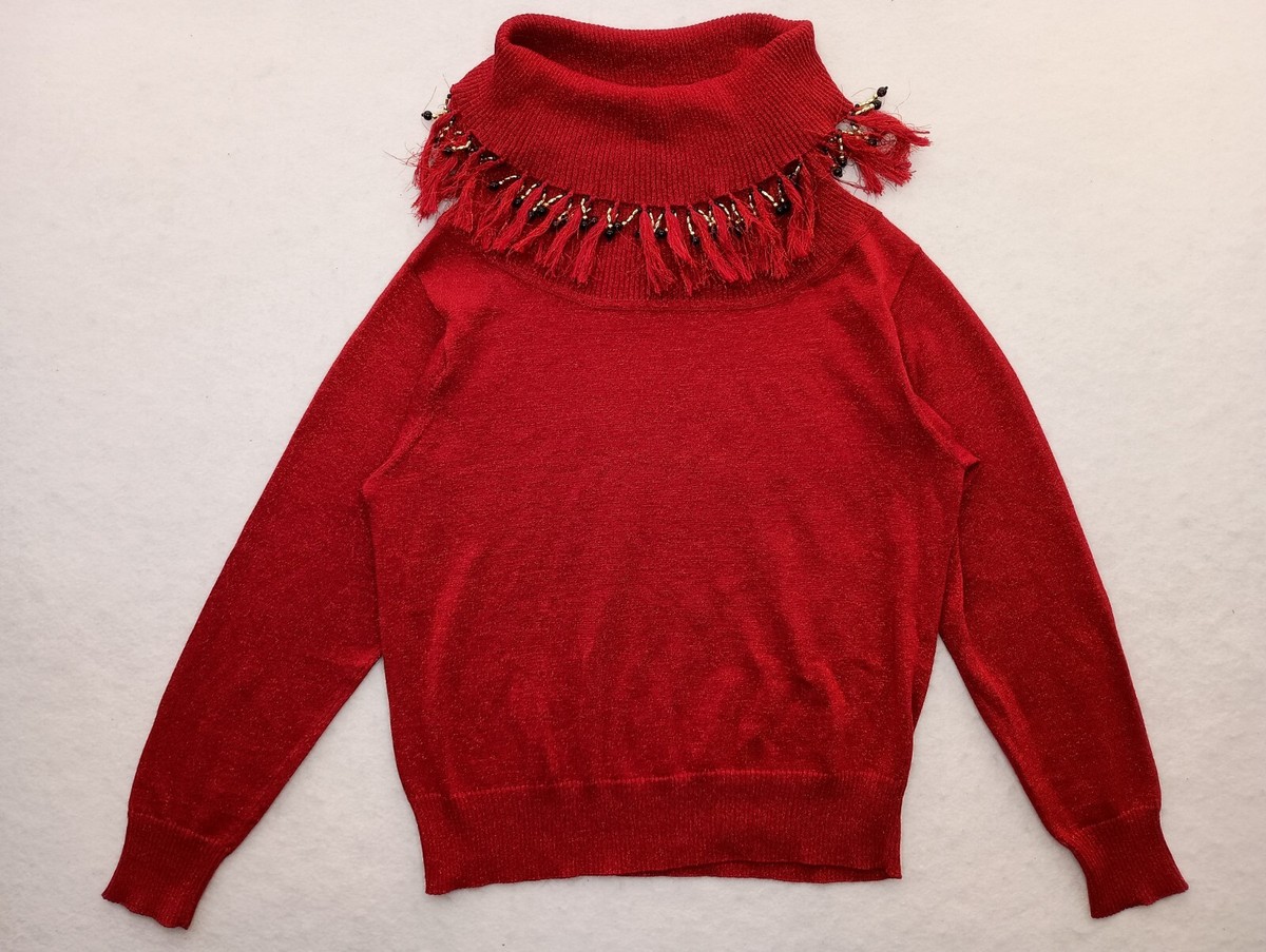 Dressbarn Christmas Sweater Womens Medium Red Pullover Sweatshirt Fringe Holiday