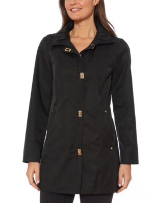 Jones New York Womens Black Hooded Water Resistant Raincoat X3706
