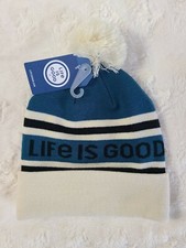 NWT Unisex LIFE IS GOOD Teal Cream Black Beanie with Pom Pom One Size New