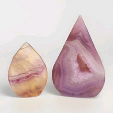 Lot Of 2 Candy Fluorite & Druzy Pink Agate Freeform Teardrop Ornaments - USA