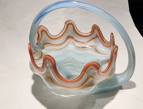Vtg Hand Blown Murano Style Art Glass Cornucopia Stretch Swirl Basket Blue Brown