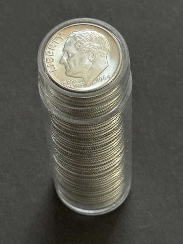 Roll of 50 Roosevelt Dimes 90% Silver 1964 D Uncirculated