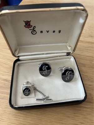 Envoy Men's Signed Round Engraved Initials Cufflinks w/ Tie Tack Chain