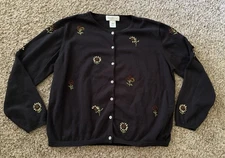 Susan Bristol Women's Cardigan Sweater XL Black Floral Beaded Granny Chic Y2K