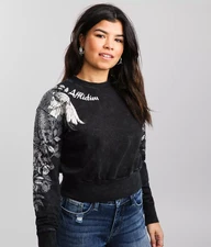 Women's Affliction Nathalia Cropped Pullover Tattoo Zip Up Sweater Hoodie S-L