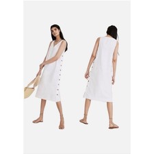 Madewell Women's White Linen Blend Side Button Midi Dress Sleeveless V-Neck XS