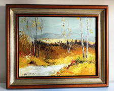 Vintage Dough Autumn Landscape Oil Painting Framed Birch Trees Palette