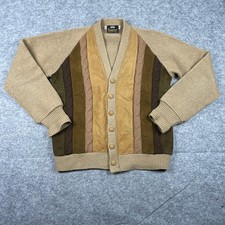 VTG 70s Campus Cardigan Sweater Mens M Brown Tan Suede Panel Cable Knit USA Made
