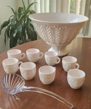 Vtg Jeannette Feather Pattern Shell Pink Milk Glass Punch Bowl w Base Cups Ladle
