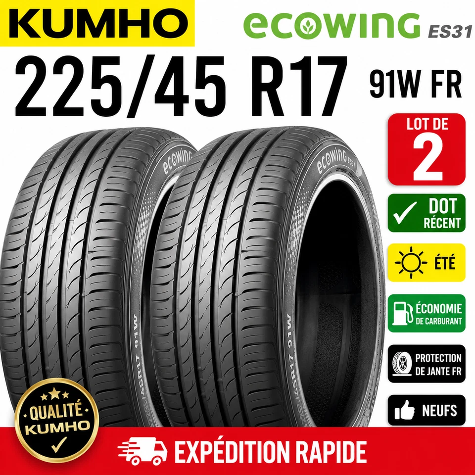 2 Pneus 225/45 R17 91W KUMHO Ecowing ES31 FR Neufs DOT Récent Été - Photo 1/1