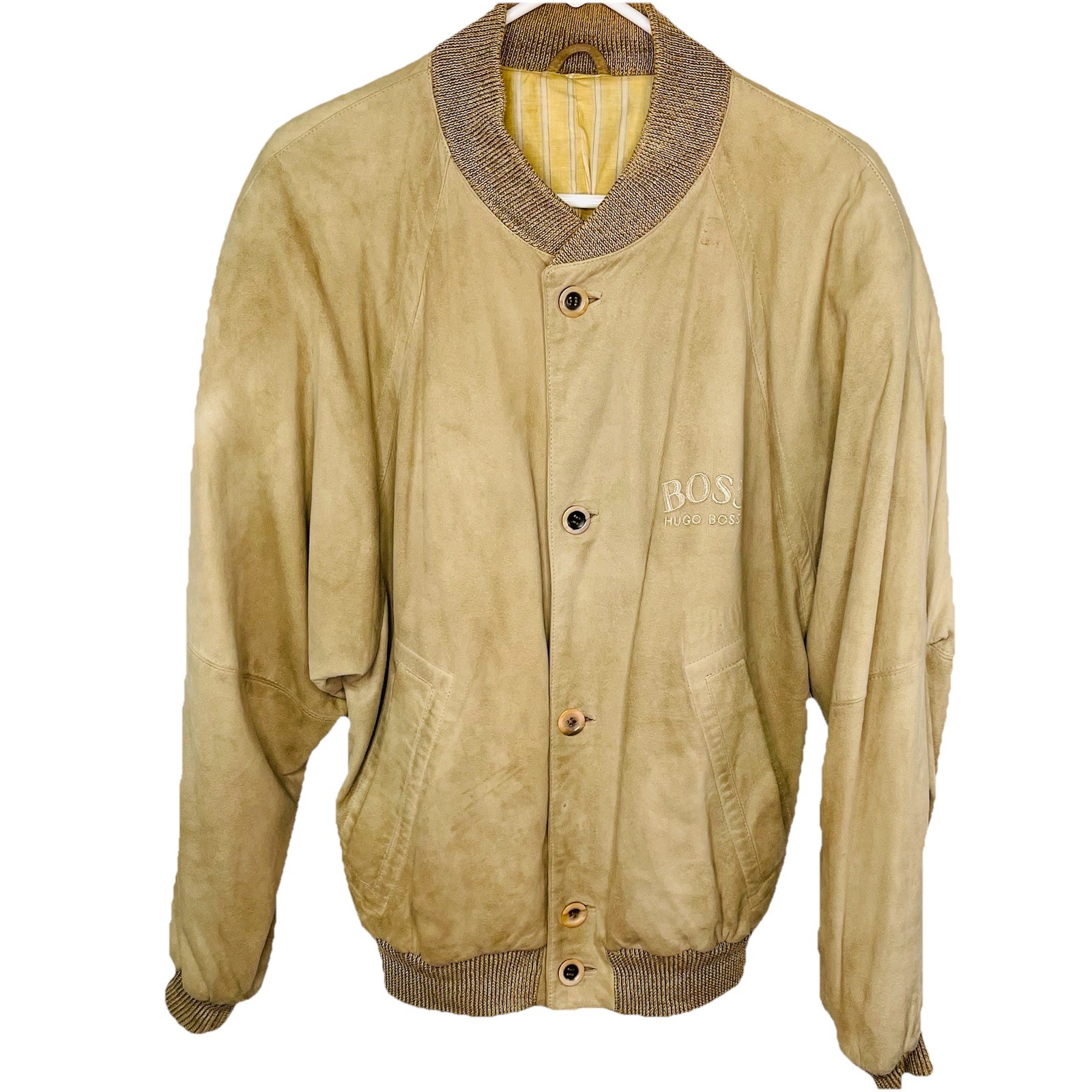 Hugo Boss 80’s Batwing Sleeve Suede Leather Bomber Jacket Tan Large Italy