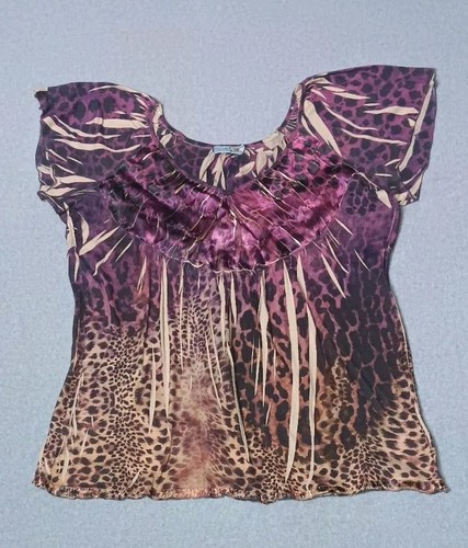 Unity World Wear Flutter Sleeve Tunic Blouse Size 1X Purple Leopard Print Fairy