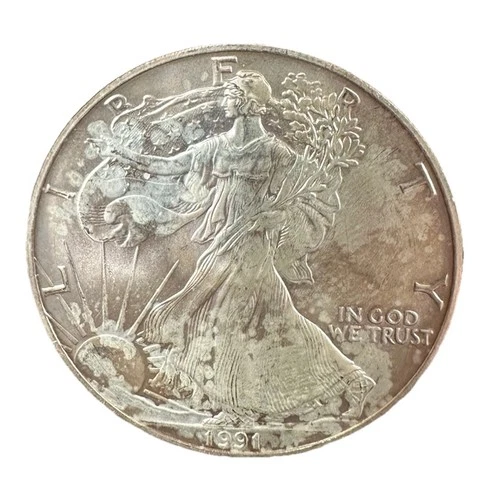 One Dollar 1991 American Silver Eagle 1 oz .999 Fine Silver Coin "Toning?" L#K14