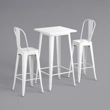 24" Square White Metal Restaurant Bar Table Set with 2 Cafe Barstool For Outdoo