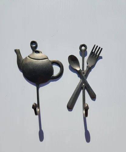 VINTAGE WALL HOOK FORK SPOON PEWTER KITCHEN UTENSILS AND TEA POT TOWEL HOOKS