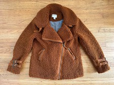 New Marrakech Anthropologie Womens Sz Xs Brown Fuzzy Teddy Moto Zip Jacket