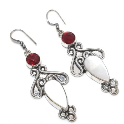 Perlmutt, Granat Edelstein 925 Sterling Silber Schmuck Ohrringe 2,80'' B596