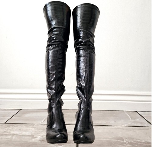 Damas Negro Elástico Muslo Muy Largo Calcetines Botas Sobre la Rodilla Tacón Alto Zapatos - Imagen 8 de 10