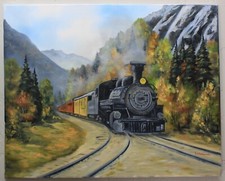 Oil Painting Locomotive Steam Train Mountains Landscape Original Signed Canvas