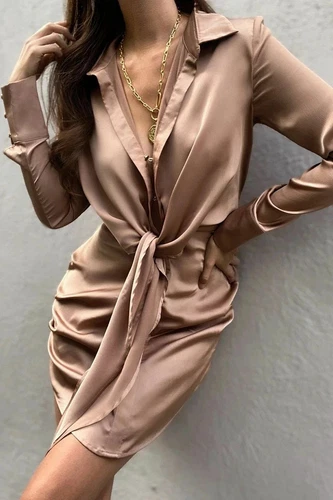 Vestido de satén de seda con cuello en V para mujer manga larga coleccionar cintura nudo lazo mini vestidos - Imagen 21 de 40