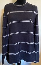 Vintage Nautica Men  s Blue/White Striped 100 Cotton Knit Pullover Sweater Size