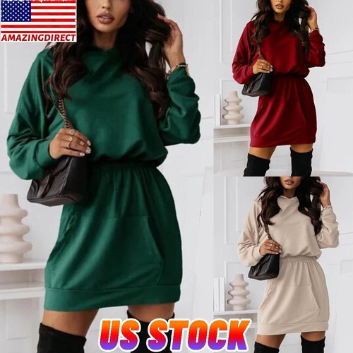 Women Casual Long Sleeve Tunic Hooded Dress Plain Hoodie Sweatshirt Jumper  Dress | eBay