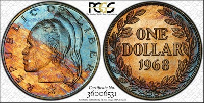 Download 1968 $ 1 One Dollar Liberia PCGS PR64 High Grade Color Toned Proof Coin!! | eBay