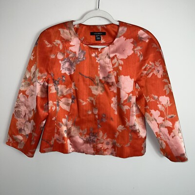 Louben Cropped Satin Jacket-Orange Tan Watercolor Floral Print-Size