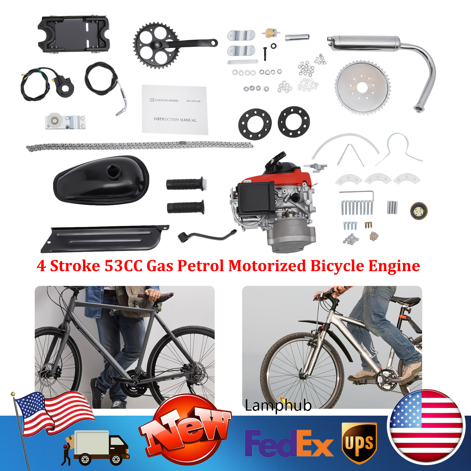 4 Stroke 53CC Gas Petrol Motorized Bicycle Engine Motor Kit Chain Drive US