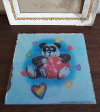 Vintage Panda Bear Glass Art Print Plaque, 70s, Hearts, Custom Images, Retro 6"
