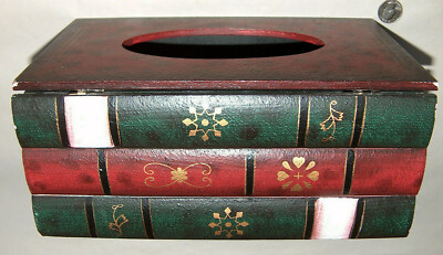 3-Stacked Faux Books 11.25X5X6 5/8'' Unique Wood Tissue Paper Holder Stash Box GD