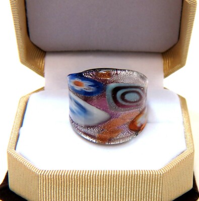 Boho Art Purple & abstract Floral theme Hand Blown Glass Bling Ring size 11.5