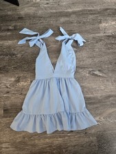 Blue Halter Tie Strap Ruffled Sleeveless Dress