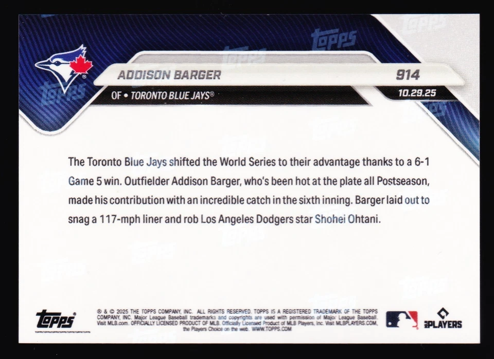 Addison Barger Blue Jays Robs Dodgers Shohei Ohtani 2025 Topps NOW 914 Black /10 - Image 2 of 2