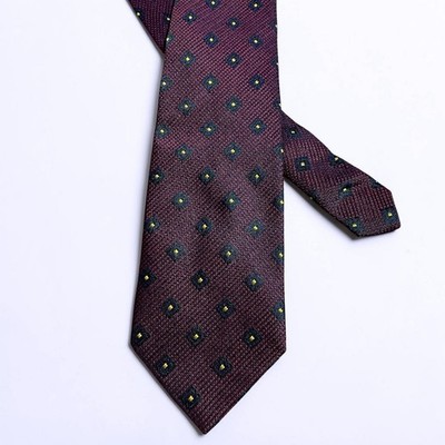 Vitali Italy Silk Tie Burgundy Geometric Square Dot Pattern Red Yellow Black