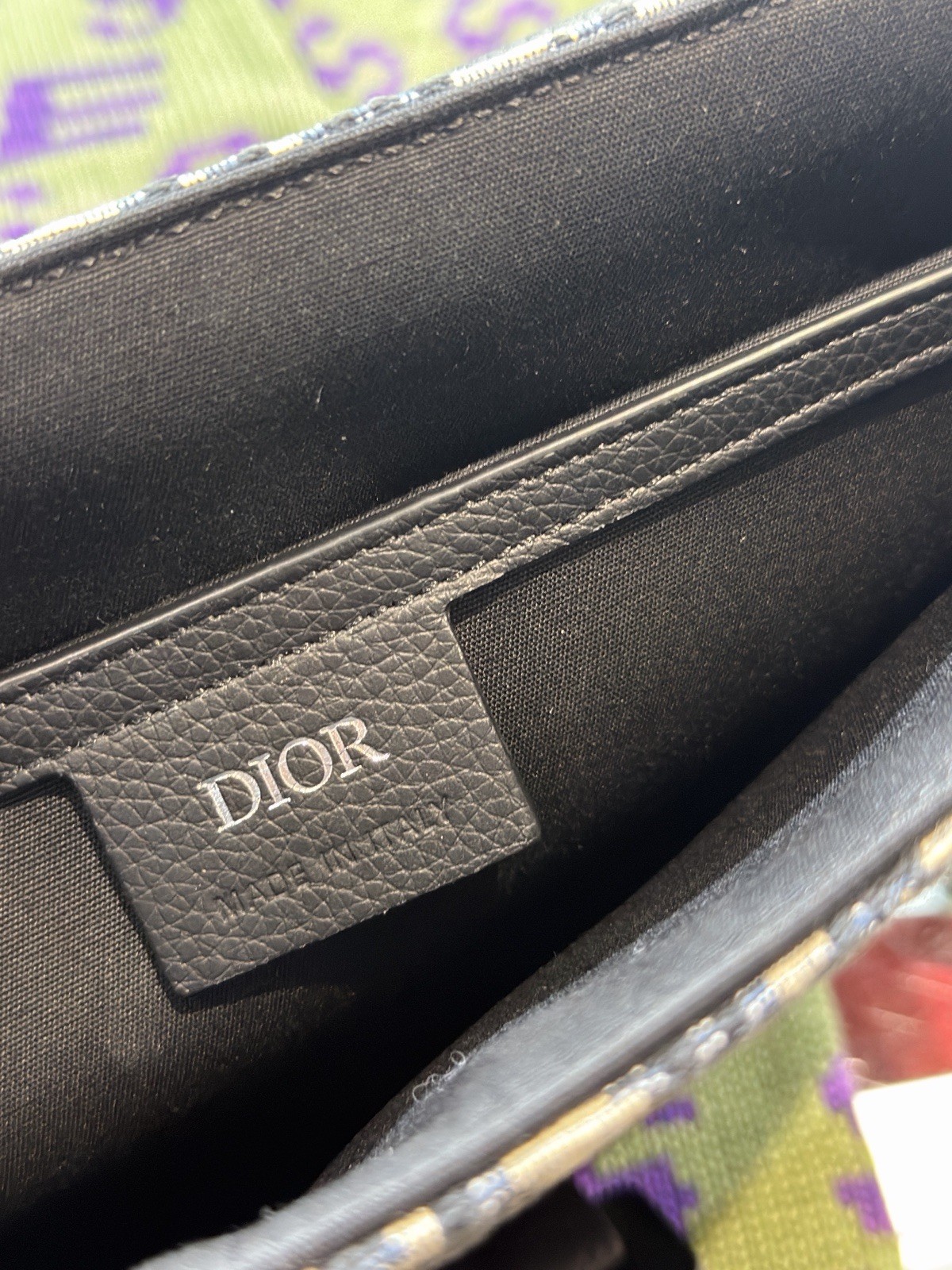 Christian Dior Oblique Saddle Clutch Bag Black Beige Leather Cloth image 8