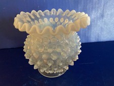 Vintage Fenton French White Glass Opalescent Hobnail Ruffled Rim Vase 4 1/4"