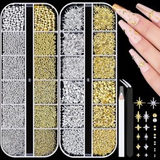 2640Pcs 3D Star Nail Charms, Gold  Silver Multi-Shapes Metallic Nail Art Gem...