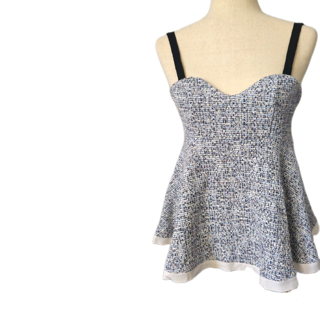 ZARA Blue/White/Black Tweed Sweetheart Peplum Wide Strap Tank Top Women S
