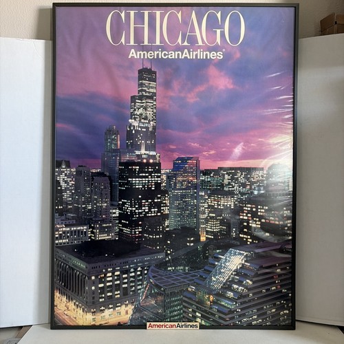 Vintage 1991 American Airlines Chicago Travel Poster Airport AA Frame 30x40