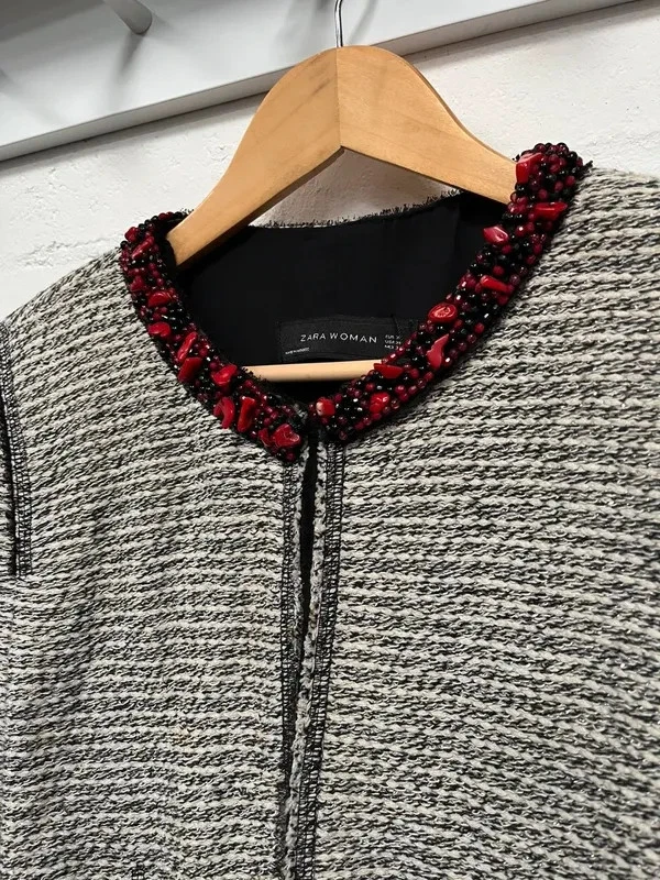 Zara Bouclé Tweed Sakko XL Bead-Dekor Anlass Smart Grau Blazer - Bild 4 von 4