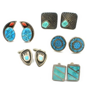 Lotto di 5 gemelli Southwest argento sterling turchese corallo rosso intarsiato #S4549 1
