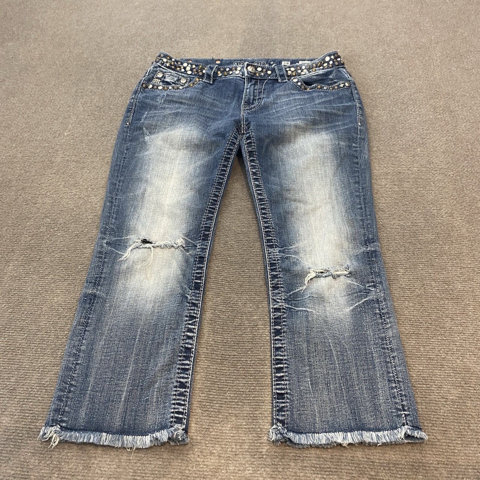 Miss Me Jeans Womens 28 Blue Capri Studded Lace Embroidered Western Distressed