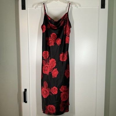 Bebe Women's Floral Maxi Slip Dress Black Red Rose Whimsigoth Vamp Sexy Size S