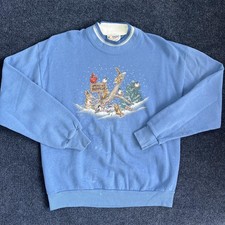 Vintage Morning Sun Sweatshirt Womens Large Blue Winter Retreat Animals 90s