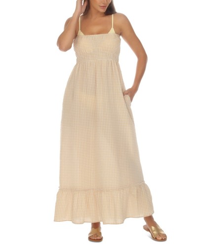 Raviya Women's Maxi Dress Cover Up 100% Cotton In Beige White Check Small - Picture 1 of 1