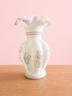 Fenton VTG Rosalene Ruffled Glass Edge Vase Hand Painted Florals Signed