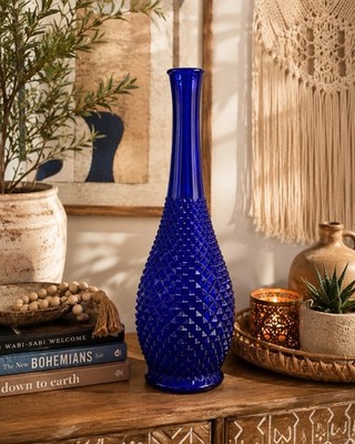 Vintage Cobalt Blue Diamond Point Genie Bottle Vase Empoli Style MCM 16 